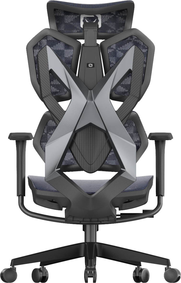 back view of ergonomic gaming chair in Australia with black and gray design on a transparent background