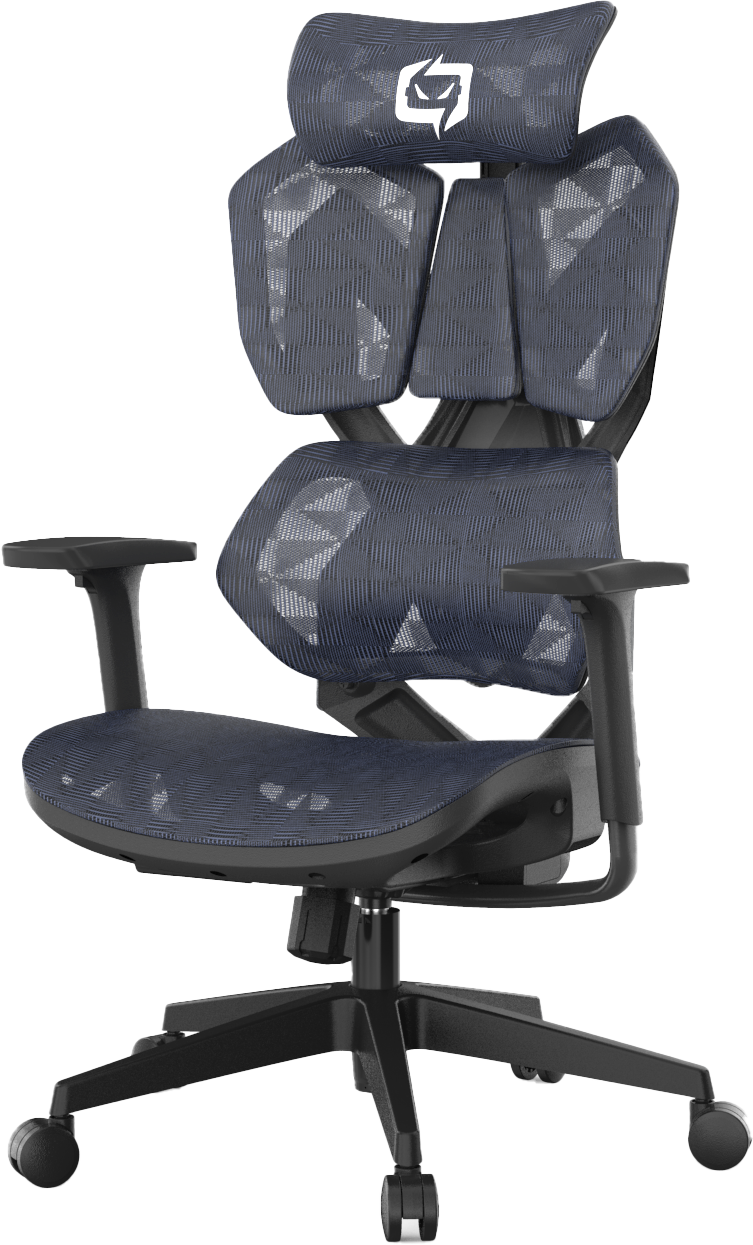 Semi left front side view of ergonomic gaming chair in Australia with mesh backrest and adjustable armrests on a transparent background