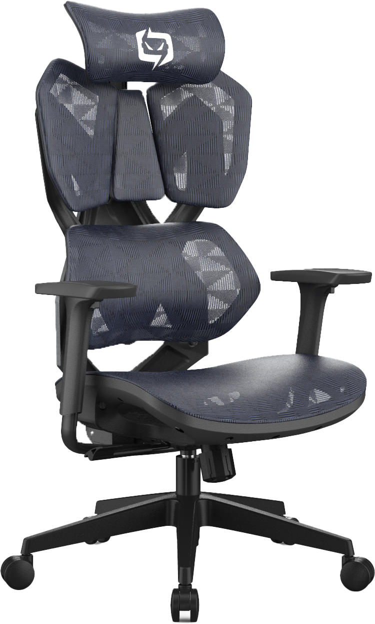 Semi right front side view of ergonomic gaming chair in Australia with mesh back and adjustable armrests on a transparent background
