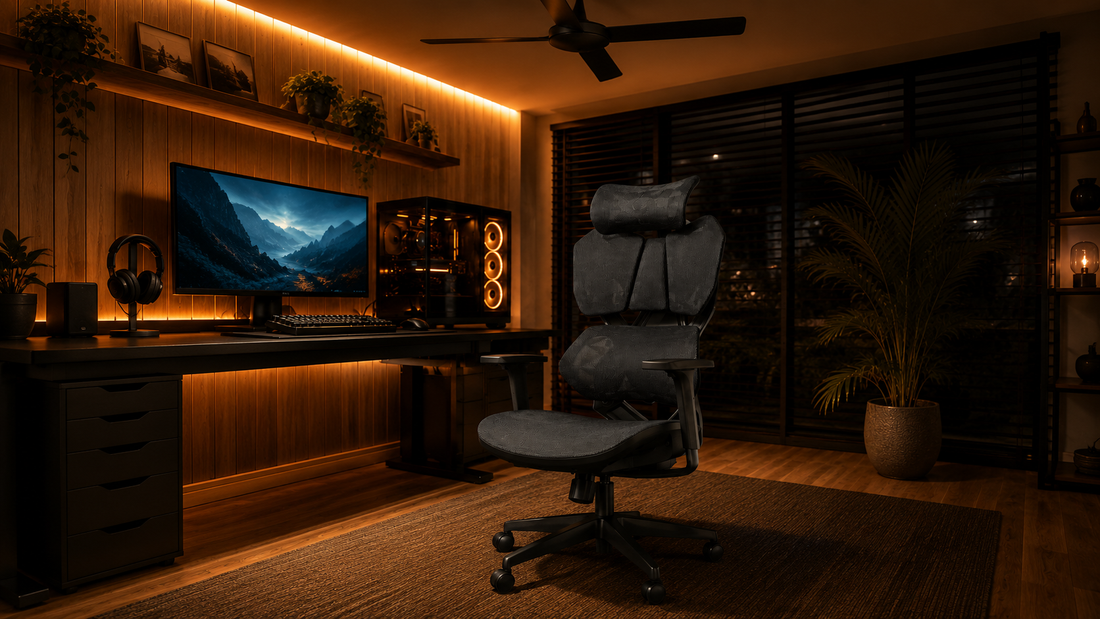 Xallking X5C ergonomic gaming chair — black adaptive breathable mesh backrest, waterfall seat cushion, 3D armrests, aluminium five-star base — positioned at a gaming desk in a warm Australian gaming room at night.
