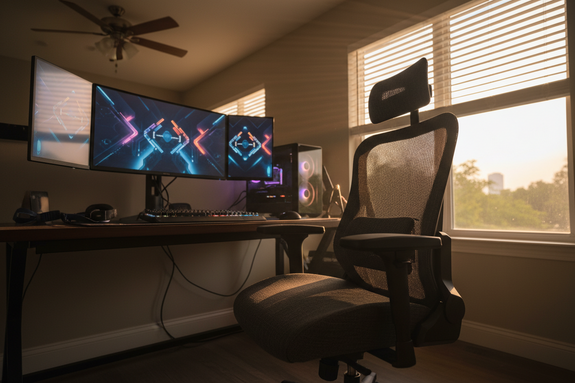 A dark mesh ergonomic gaming chair positioned at a battlestation near a window. Warm summer sunlight streams through half-open blinds. The chair is empty. A ceiling fan is visible in the background.