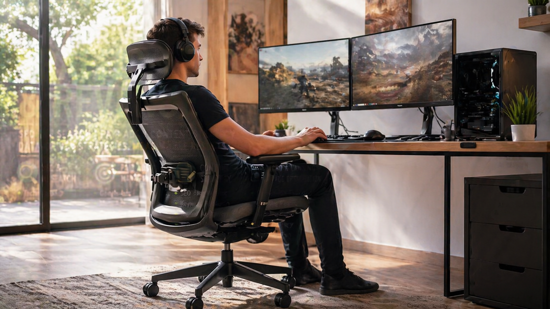 Australian gamer sitting in an ergonomic mesh chair with lumbar support, slightly reclined posture, using a dual-monitor setup in a bright, modern room with natural lighting.