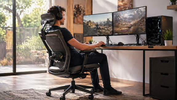 Australian gamer sitting in an ergonomic mesh chair with lumbar support, slightly reclined posture, using a dual-monitor setup in a bright, modern room with natural lighting.