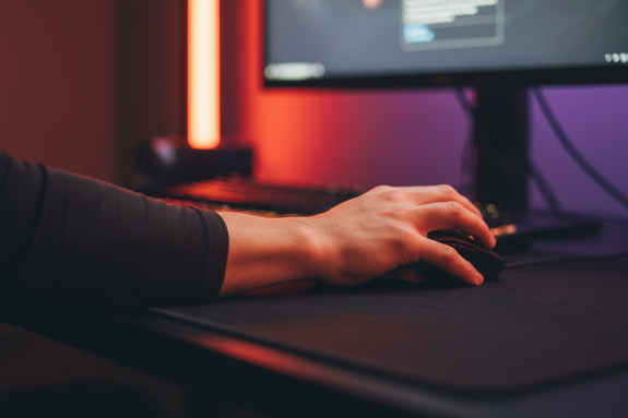 Close-up editorial photograph of a gamer's right hand resting on a gaming mouse, wrist slightly raised off the desk.