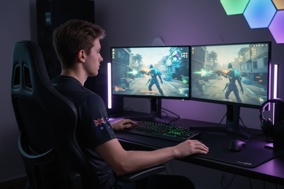 A focused young Australian male gamer seated in a sleek dark mesh ergonomic gaming chair at a clean battlestation.