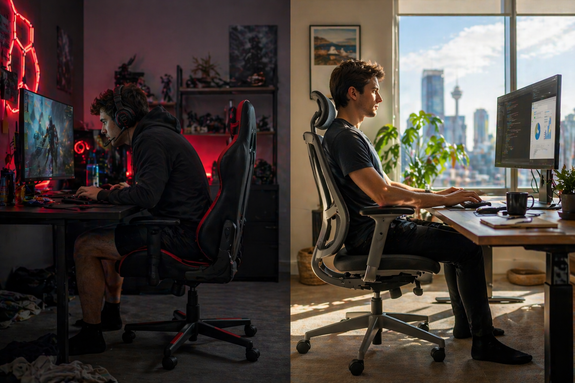 Split-screen scene showing a gamer sitting in a racing-style gaming chair with poor posture on one side and the same person sitting upright in an ergonomic office chair at a clean workstation, highlighting differences in comfort and productivity