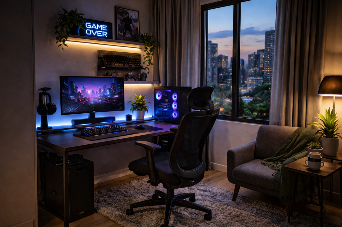 Compact gaming setup in a small apartment with a space-saving desk, RGB lighting, and cozy layout designed for efficient use of limited space in an urban home