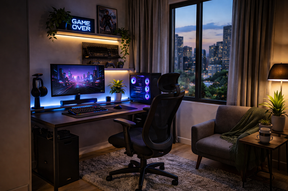 Compact gaming setup in a small apartment with a space-saving desk, RGB lighting, and cozy layout designed for efficient use of limited space in an urban home