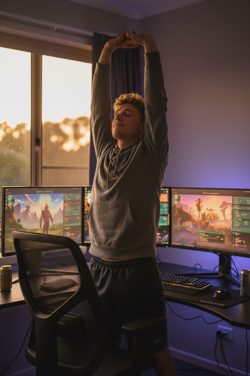 Young Australian male gamer standing up from a dark mesh ergonomic gaming chair, arms overhead in a stretch. Gaming room behind him, monitors still glowing, warm evening light.