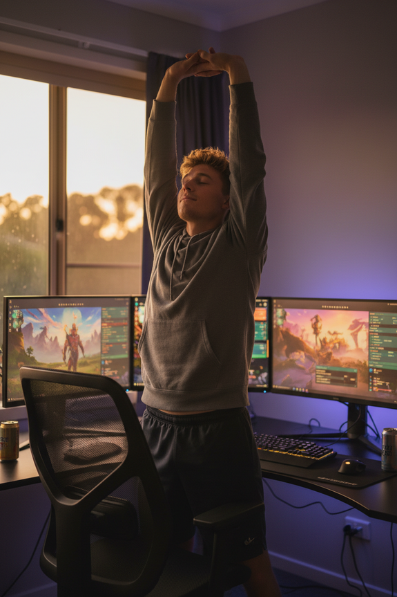 Young Australian male gamer standing up from a dark mesh ergonomic gaming chair, arms overhead in a stretch. Gaming room behind him, monitors still glowing, warm evening light.