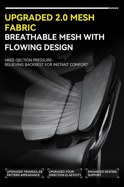 Seat cover with mesh fabric and text highlighting ergonomic gaming chair features on a dark background