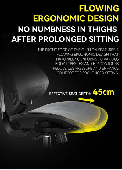 Ergonomic gaming chair cushion with text highlighting its design and benefits on a black background