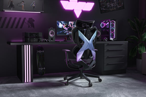 Gaming setup with an ergonomic gaming chair in Australia, desk, and neon lights in a dark room.