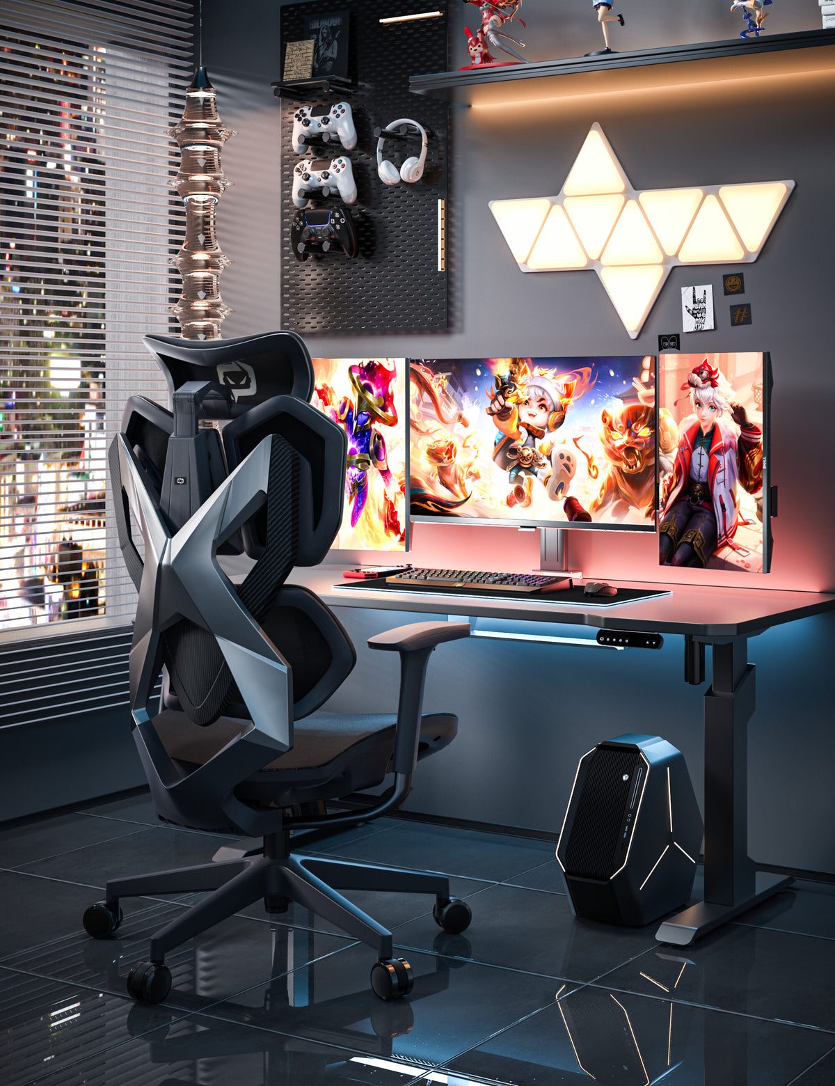 Gaming setup with ergonomic gaming chair, multiple monitors, and gaming accessories in a modern room.