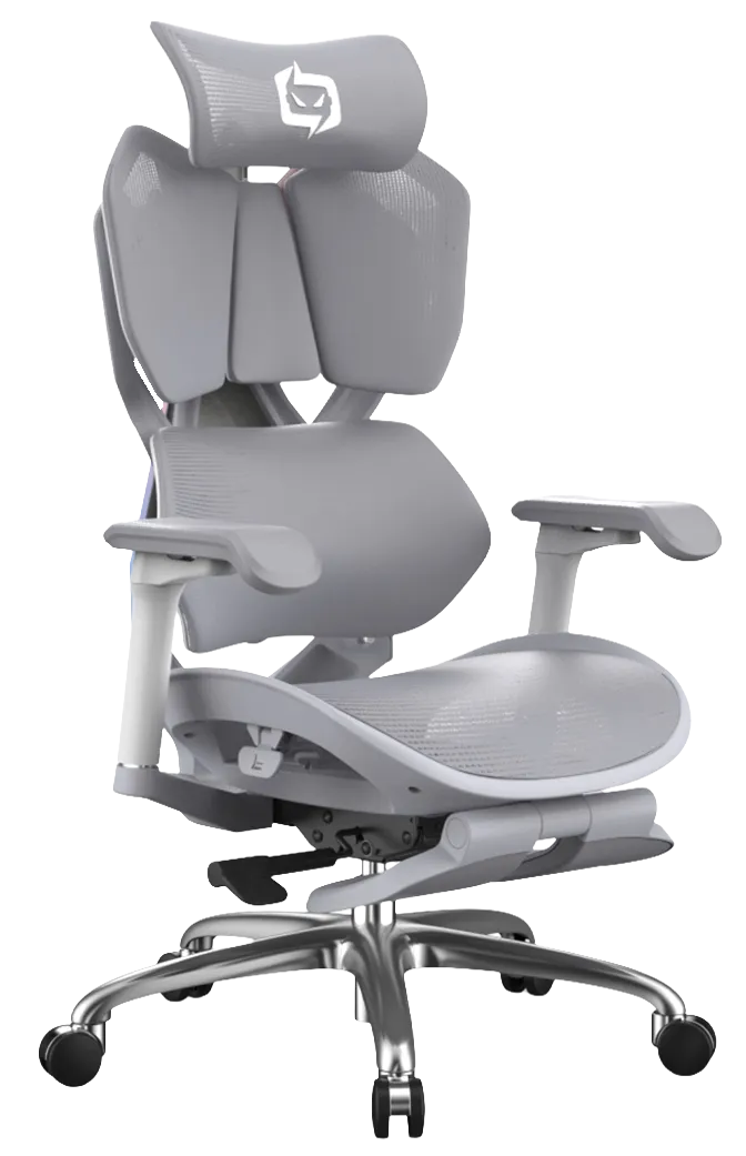 Right-side semi-front angle of the grey Xallking X5F ergonomic gaming chair in Australia on a clear background.