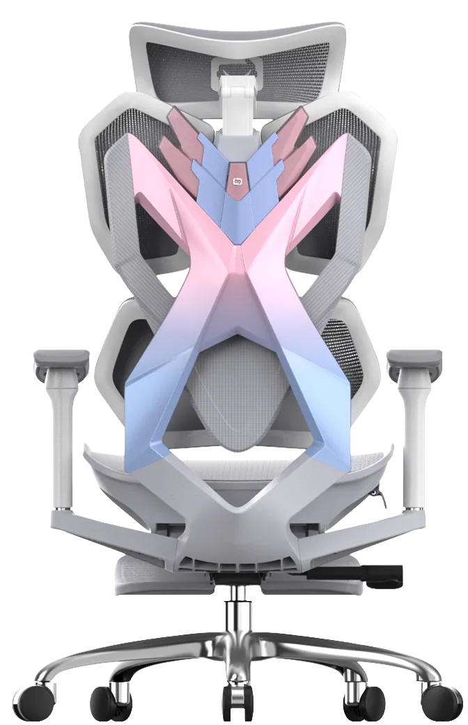 Back angle of Xallking X5F ergonomic gaming chair in Australia with coluorful pink and purple backrest on a clear background