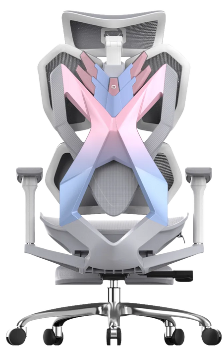 Back angle of Xallking X5F ergonomic gaming chair in Australia with coluorful pink and purple backrest on a clear background