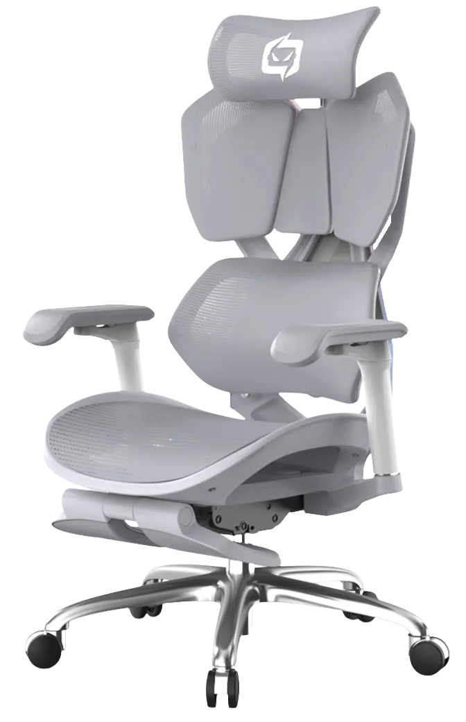 Semi side front left angle of gray Xallking X5F ergonomic gaming chair in Australia with headrest on a clear background
