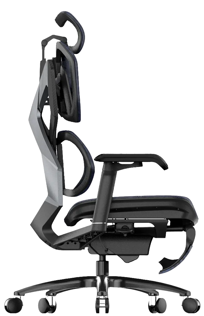 Right angle of the black Xallking X5S ergonomic gaming chair in Australia with adjustable headrest on a clear background