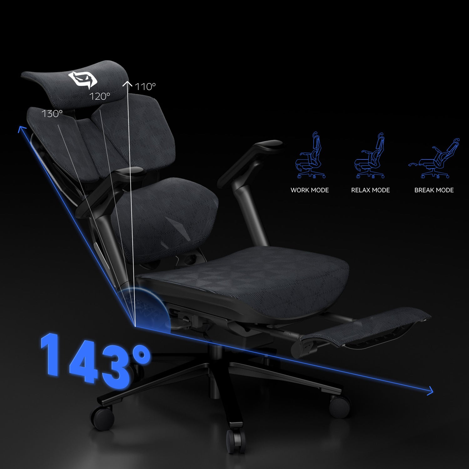 Ergonomic gaming chair in Australia with adjustable angles and modes on a black background