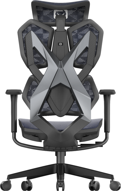 back view of ergonomic gaming chair in Australia with black and gray design on a transparent background