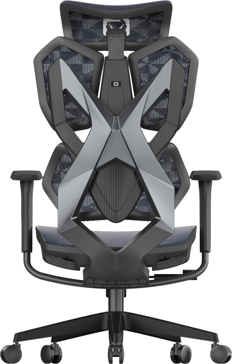 back view of ergonomic gaming chair in Australia with black and gray design on a transparent background