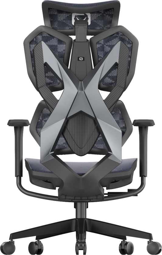 back view of ergonomic gaming chair in Australia with black and gray design on a transparent background