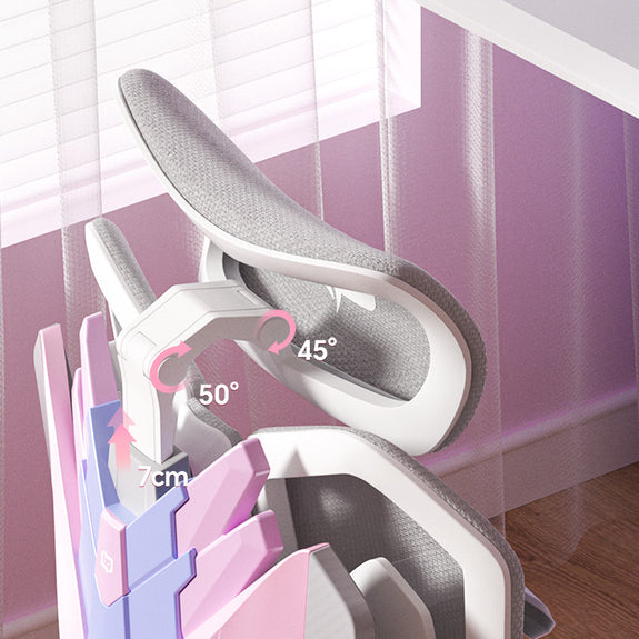 Ergonomic gaming chair in Australia with adjustable angles and measurements on a pastel pink and purple room
