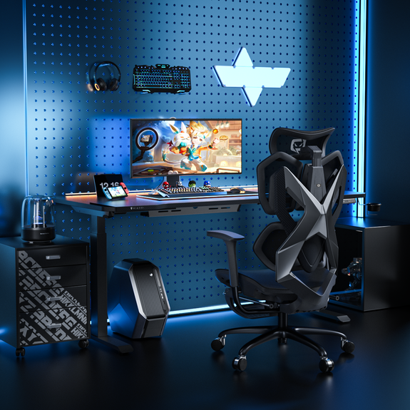 Gaming setup with desk, ergonomic gaming chair in Australia , and computer equipment in a blue-themed room.