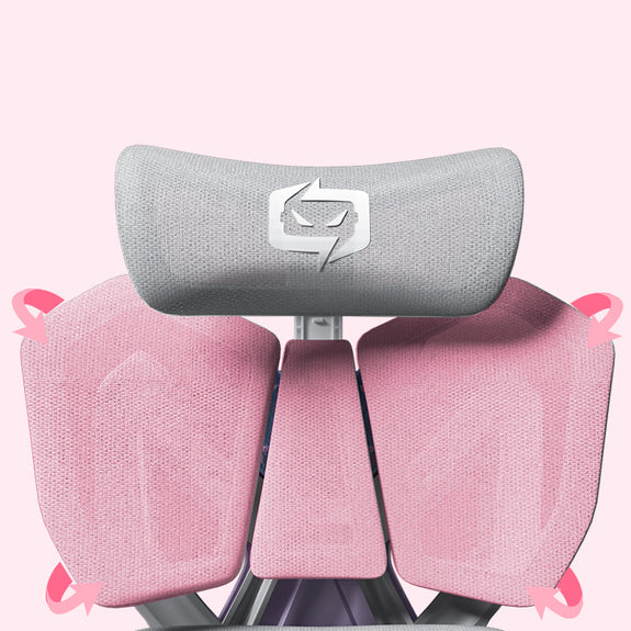 Pink Ergonomic gaming chair in Australia with gray headrest on a light pink background