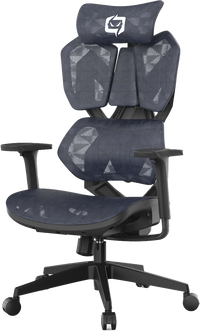 Semi left front side view of ergonomic gaming chair in Australia with mesh backrest and adjustable armrests on a transparent background