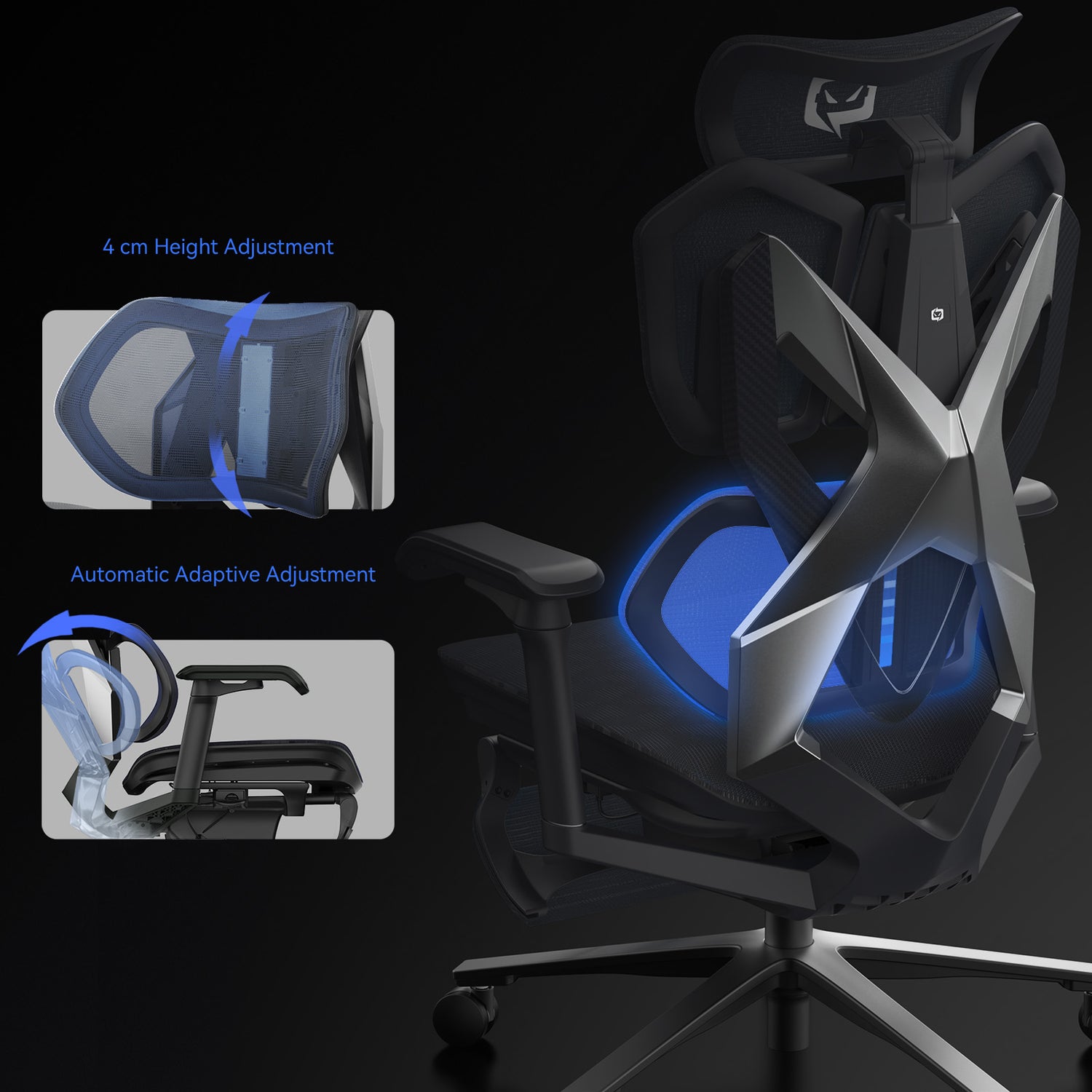 Back view of an ergonomic gaming chair in Australia with height adjustment and adaptive features highlighted on a dark background