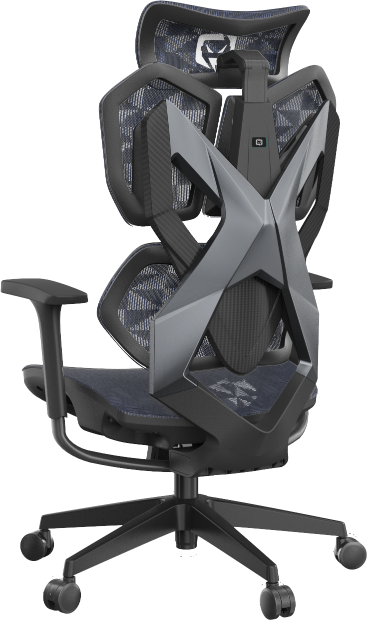 Semi left side view of black ergonomic gaming chair in Australia with mesh backrest on a white background
