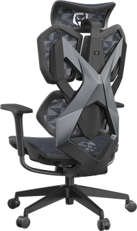 Semi left side view of black ergonomic gaming chair in Australia with mesh backrest on a white background