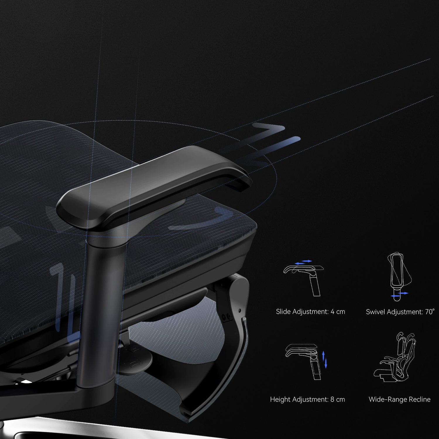 Black ergonomic gaming chair in Australia with adjustable armrests on a dark background