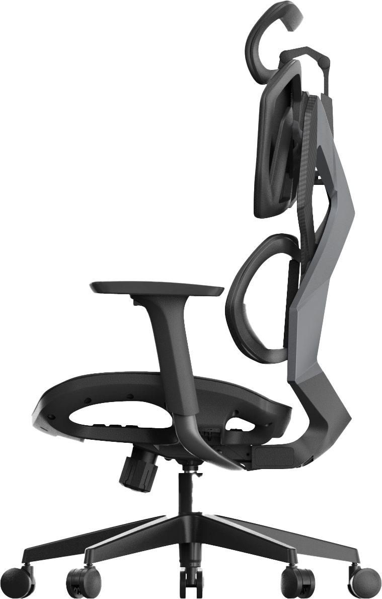 Right side view of black ergonomic gaming chair in Australia with adjustable features on a transparent background