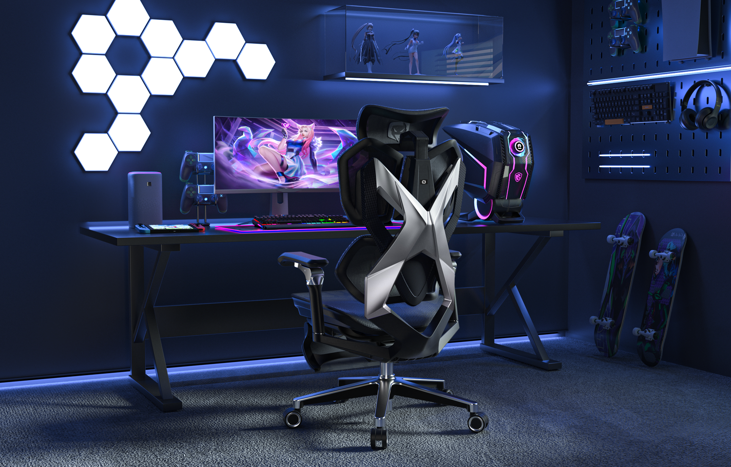 Gaming setup with chair, desk, and neon lights in a dark room with ergonomic gaming chair in Australia
