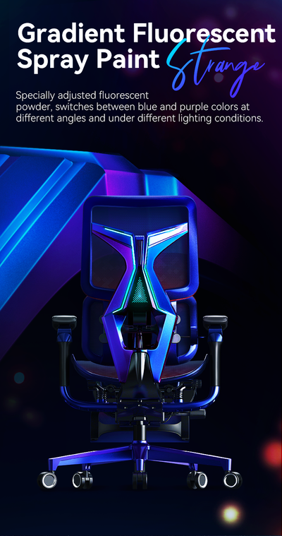 Gradient fluorescent spray paint on an ergonomic gaming chair in Australia with text describing the product.