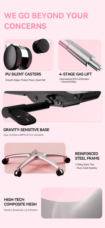 Xallking X5F ergonomic gaming chair in Australia components with features listed on a pink background