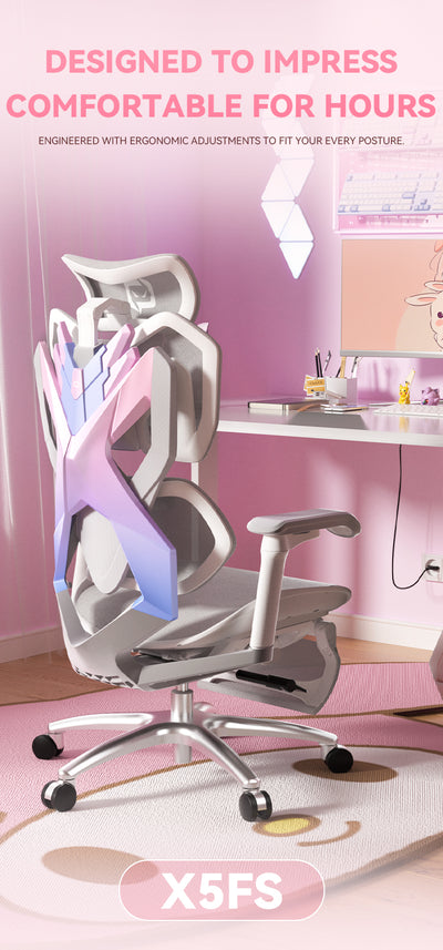 ergonomic gaming chair in Australia labeled X5FS in a pink office setting with text 'Designed to impress, comfortable for hours'.