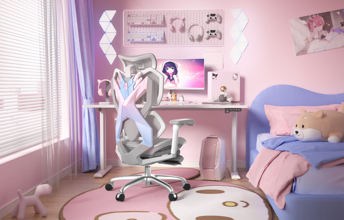 Cute pink room with an ergonomic gaming chair in Australia, desk, and colourful decor.
