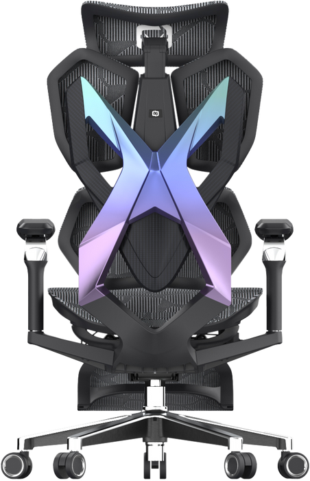 Back angle of X5Pro ergonomic gaming chair in Australia with purple and blue backrest on a clear background