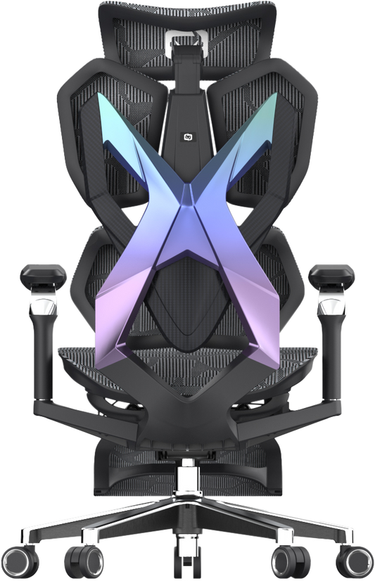 Back angle of X5Pro ergonomic gaming chair in Australia with purple and blue backrest on a clear background