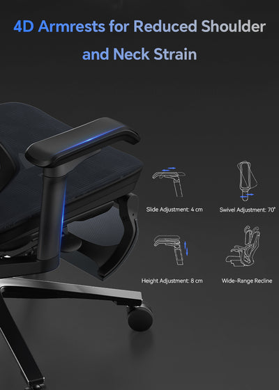 4D armrests for reduced shoulder and neck pain feature of Xallking X5S ergonomic gaming chair in Australia on a dark background