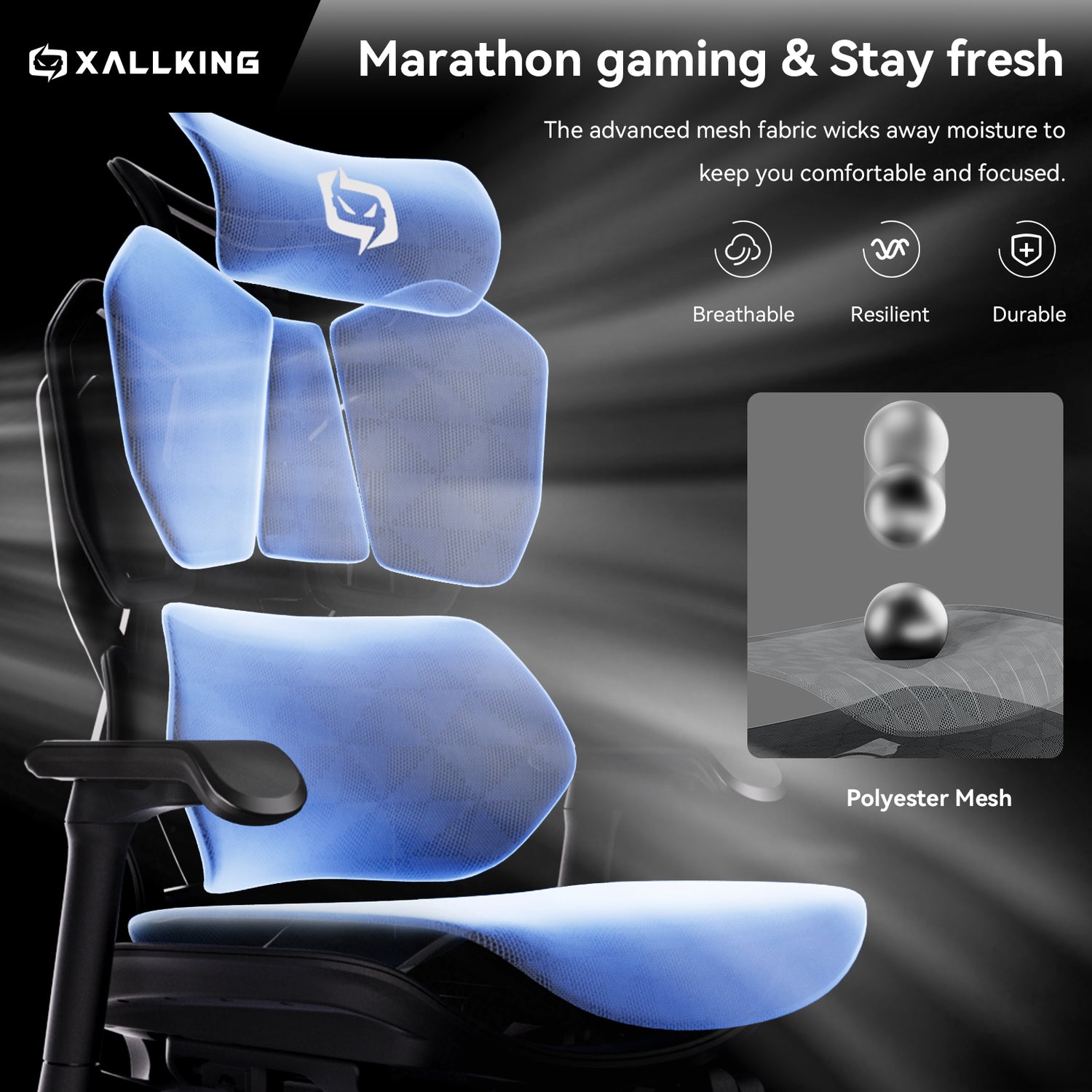 Xallking X5S ergonomic gaming chair in Australia with blue mesh cushions featuring XALLKING branding and product features.