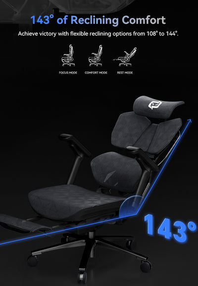 Xallking X5S ergonomic gaming chair in Australia with reclining options and text overlay of 143 dgrees on a dark background